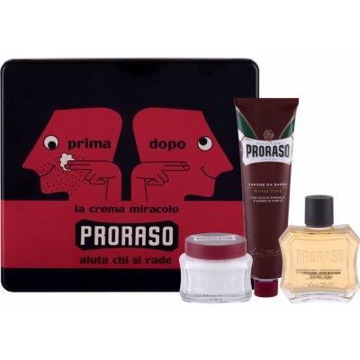 Proraso Red voda po holení 100 ml + krém na holení 150 ml + krém před holením 100 ml + plechová dóza dárková sada – Zbozi.Blesk.cz