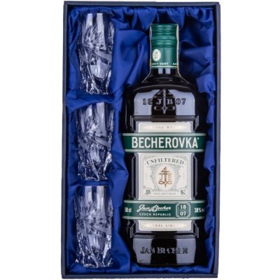 Becherovka nefiltrovaná 0,5 l (dárkové balení mašle + 3 sklenice) – Hledejceny.cz