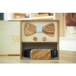 Wood Style Set Kulatý Kořenice opasek motýlek a manžetové knoflíčky Modrá se vzorem