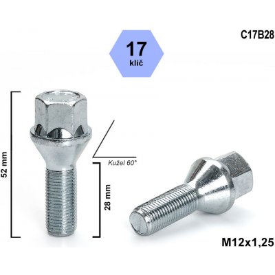 Kolový šroub M12x1,25x28 kužel, klíč 17, C17B28, výška 52 mm