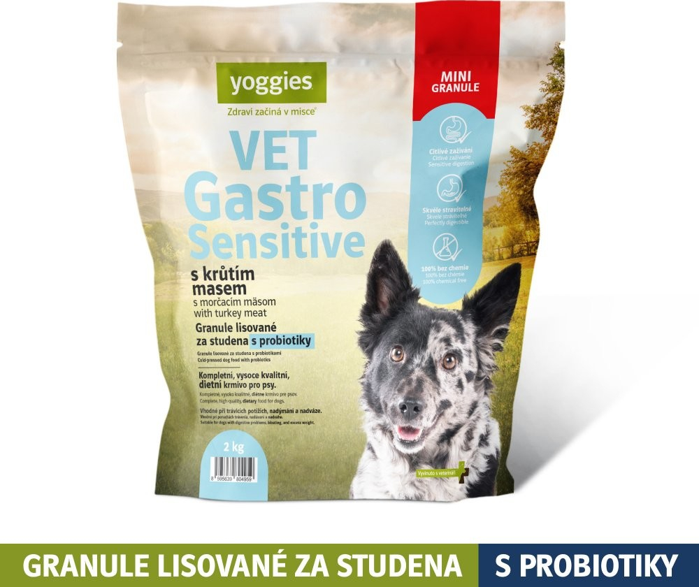 Yoggies VET Gastro Sensitive s krůtím masem minigranule lisované za studena s probiotiky 2 kg