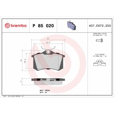 Sada brzdových destiček, kotoučová brzda BREMBO P 85 020