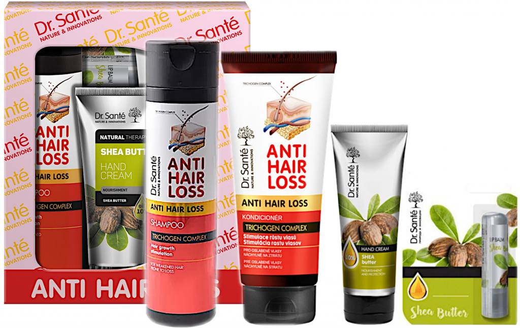 Dr. Santé Anti Hair Loss šampon proti vypadávání vlasů 250 ml + kondicionér pro slabé vlasy s tendencí vypadávat 200 ml + krém na ruce s bambuckým máslem 75 ml + balzám na rty s bambuckým
