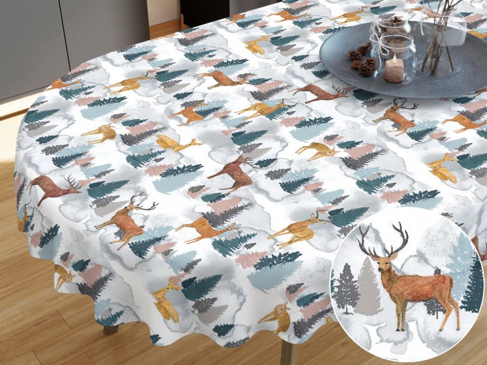 Goldea vánoční dekorační ubrus loneta vzor malovaní jeleni a srnky oválný  140x180 cm | Srovnanicen.cz