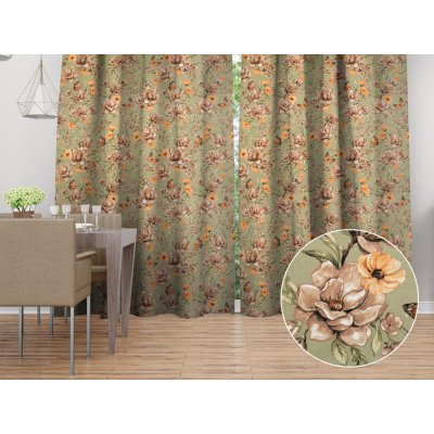 Biante Bavlněný závěs Sandra SA-472 Hnědé květy magnolie na zeleném 150x250 cm – Sleviste.cz