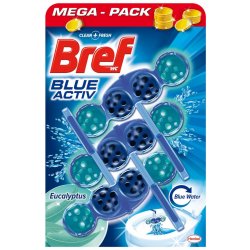 Bref Blue Aktiv WC blok pro hygienickou čistotu a svěžest Vaší toalety obarvuje vodu do modrého odstínu Eucalyptus 3 x 50 g