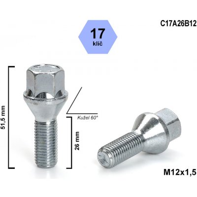 Kolový šroub M12x1,5x26 kuželový, klíč 17, C17A26/B12, výška 51,5 mm – Sleviste.cz