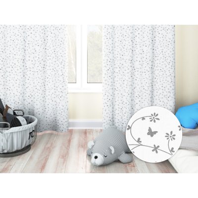 Biante Dětský bavlněný závěs Sandra SA-049 Drobné šedé květiny a motýlci na bílém 140x230 cm – Zboží Mobilmania