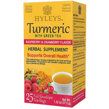 Hyleys Turmeric with Green Tea Herbal Supplement Raspberry & Cranberry přebal 25 x 1,5 g
