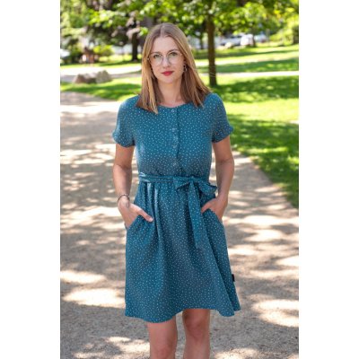 Jsem máma mušelínové kojicí šaty s mašlí kouřově modré s puntíčky – Sleviste.cz