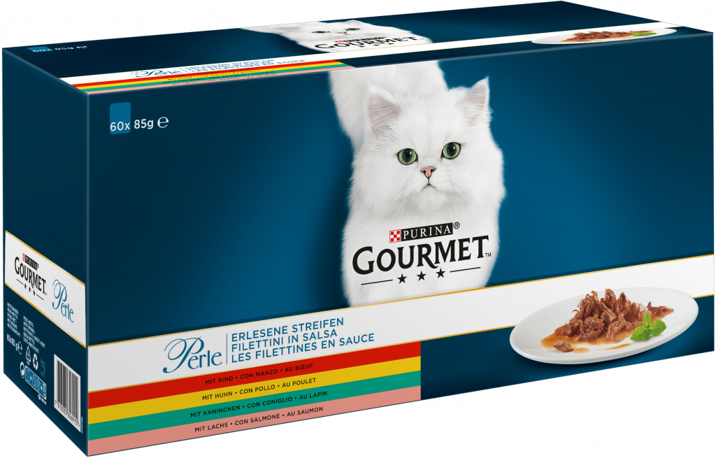 Gourmet Perle multipack rybí a masový hovězí kuře králík losos ve šťávě 60 x 85 g