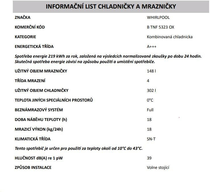 WHIRLPOOL B TNF 5323 OX C návod, fotka