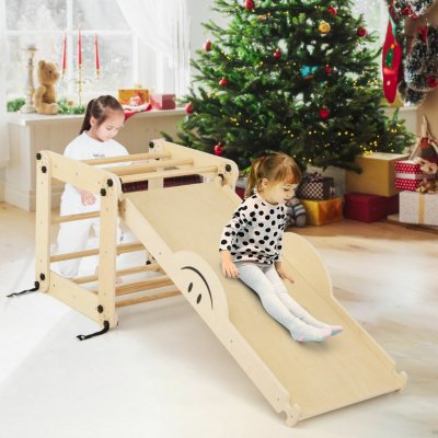 Costway Montessori polohovatelný Piklerové trojúhelník s lezecí deskou a houpačkou natural – Zboží Mobilmania