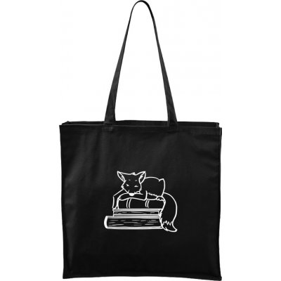 Ručně malovaná větší plátěná taška - Liška na knihách, černá/bílý motiv