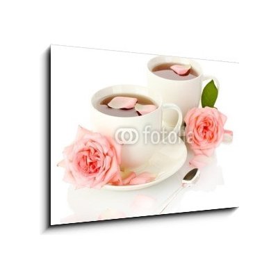 Skleněný obraz 1D - 100 x 70 cm - cups of tea with roses isolated on white šálky čaje s růží izolovaných na bílém – Zbozi.Blesk.cz