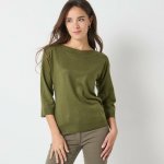 Pulovr s lodičkovým výstřihem a 7/8 rukávy khaki – Zboží Mobilmania