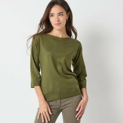 Pulovr s lodičkovým výstřihem a 7/8 rukávy khaki – Zboží Mobilmania
