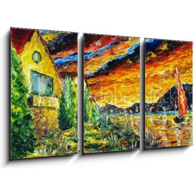 Obraz 3D třídílný - 90 x 50 cm - Impressionism oil painting landscape paint art Red sea ship, scarlet sails, sunset over mountains, yellow Impresionismus olejomalba kraj – Hledejceny.cz