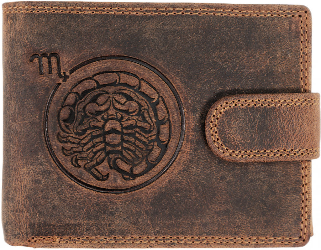 WILD Pánská kožená peněženka s přeskou s obrázky znamení ŠTÍR hnědá