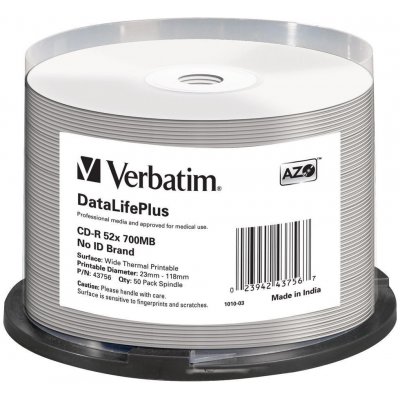 Verbatim CD-R 700MB 52x, AZO, printable, spindle, 50ks (43756) – Zboží Živě