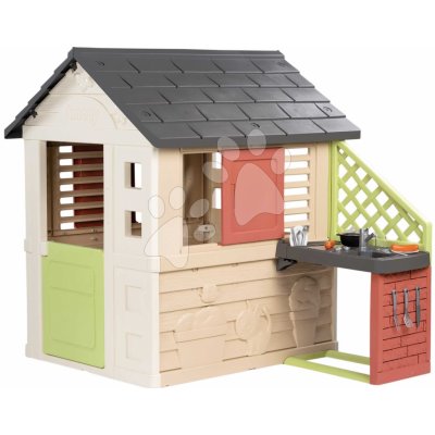 Smoby Domeček s kuchyňkou a 17 doplňků Nature Playhouse&Kitchen Life rozšiřitelný 3 okna se 2 žaluziemi a posuvnými okenicemi s UV filtrem od 24 měsíců – model 2025 – Zbozi.Blesk.cz