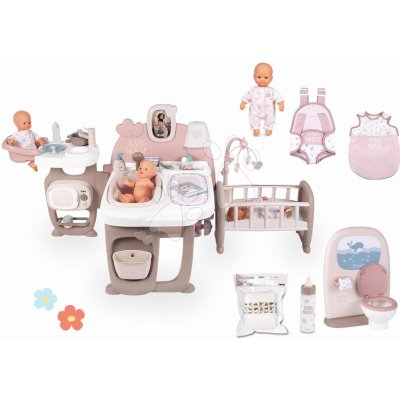 Smoby Natur D'Amour Baby Nurse a záchod s koupelnou spacím pytlem klokankou plenkami a láhví – Zboží Mobilmania