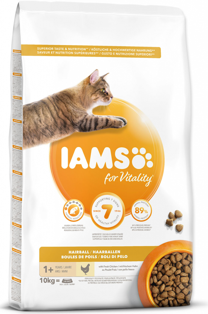 Iams for Vitality Adult Cat Food Hairball Reduction with Fresh Chicken 10 kg