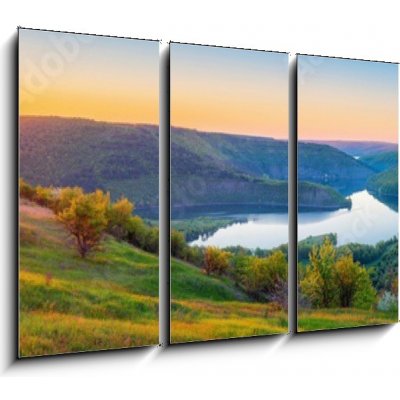 Obraz 3D třídílný - 105 x 70 cm - Vivid sunrise landscape in the national nature park Podilski Tovtry, canyon and Studenytsia river is tributary of Dnister river, view f