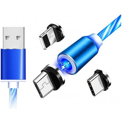 Magnetický nabíjecí USB kabel s LED podsvícením, 3v1, 1m, modrý KAXL – Sleviste.cz