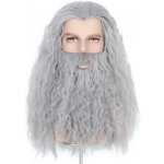 Paruka kouzelník dlouhá šedá paruka s vousy kudrnatá vlnitá paruka halloweenský kostým paruky párty – Zboží Dáma
