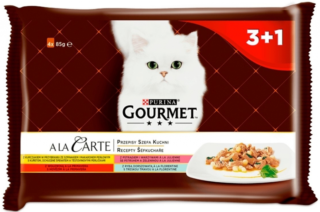 Gourmet A la Carte kuře s těstovinou hovězí a pstruh se zeleninou tmavá treska 4 x 85 g