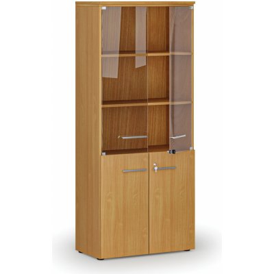 Primo Kombinovaná kancelářská skříň WOOD s dřevěnými a skleněnými dveřmi, 1781 x 800 x 420 mm, buk – Hledejceny.cz