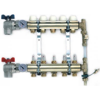 TIEMME 1" komplet ní rozdělovač, by-pass, průtokoměry, 5 okruhů, rohový TM3881G060505BY – Sleviste.cz