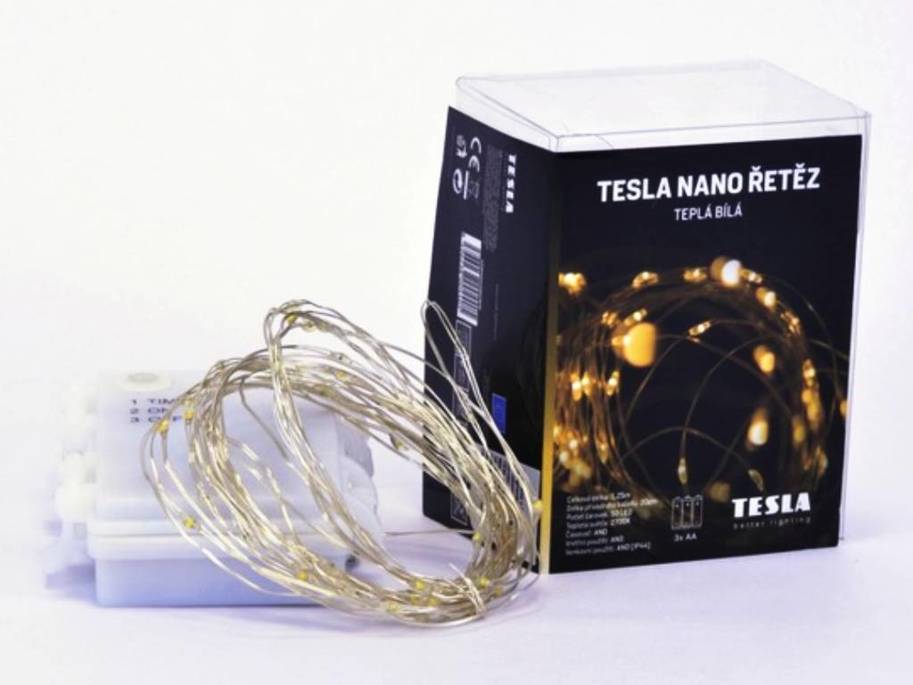Tesla dekorativní nano řetěz 50LED 2700K 5m + 30cm kabel 3x AA baterie