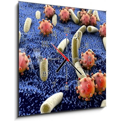 Obraz s hodinami 1D - 50 x 50 cm - Bacteria and viruses on surface of skin, mucous membrane or intestine, model of MERS, HIV, flu, Escherichia coli, Salmonella, Klebsiel – Hledejceny.cz