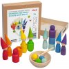 Montessori Ulanik dřevěná hračka „Rainbow: Peg Dolls in Cups with Hats and Balls‟