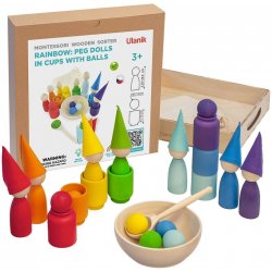 Montessori Ulanik dřevěná hračka „Rainbow: Peg Dolls in Cups with Hats and Balls‟