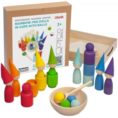 Montessori Ulanik dřevěná hračka „Rainbow: Peg Dolls in Cups with Hats and Balls‟ – Zbozi.Blesk.cz