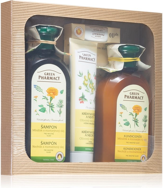 Green Pharmacy Herbal Care šampon pro mastné vlasy 350 ml + kondicionér pro mastné vlasy 300 ml + krém na ruce a nehty 100 ml + balzám na rty SPF 10 3,6 g dárková sada