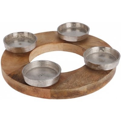 Adventní kovový svícen na 4 čajové svíčky na dřevěném kulatém podstavci 270x270x45 mm, dub – Zboží Dáma