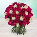 Rozvoz květin: Růžové, bílé a červené čerstvé růže svázané do krásné sváteční kytice - 50cm - Vlastní, počet květů - Příbram – Sleviste.cz