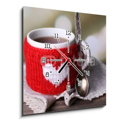 Obraz s hodinami 1D - 50 x 50 cm - Cup of tasty hot tea, on wooden table, on light background Šálek chutného horkého čaje, na dřevěném stole, na světlém pozadí – Zboží Mobilmania
