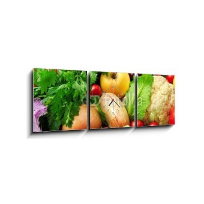 Obraz s hodinami 3D třídílný - 150 x 50 cm - fresh fruits and vegetables čerstvé ovoce a zeleninu – Zboží Mobilmania