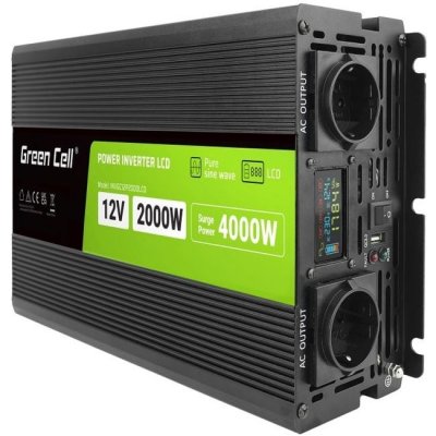 Green Cell Power Inverter LCD s displejem 12V/230V, 2000W/4000W, čistá sinusoida INVGC12P2000LCD – Zboží Mobilmania