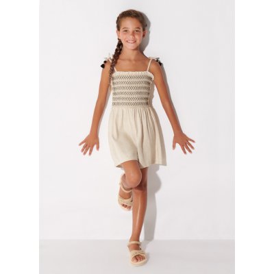 Mayoral Overal lněný s žabičkováním a střapci béžový – Zboží Dáma