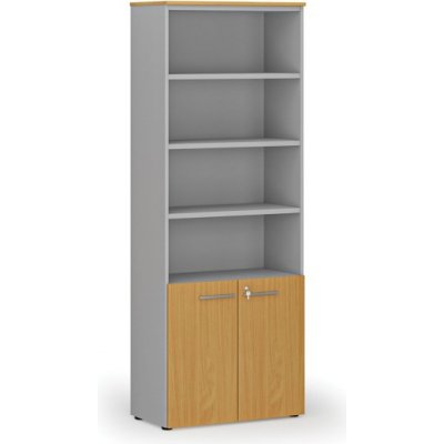 Primo Kombinovaná kancelářská skříň GRAY, dveře na 2 patra, 2128 x 800 x 420 mm, šedá/buk – Zboží Mobilmania