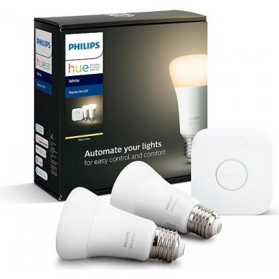 Philips Hue základní set 2x LED žárovka White E27 A60 9W 806lm 2700K + Bridge HUE – Zbozi.Blesk.cz