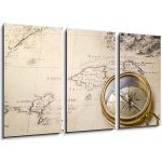 Obraz 3D třídílný - 90 x 50 cm - old compass and rope on vintage map 1732 starý kompas a lano na vinobraní mapě 1732