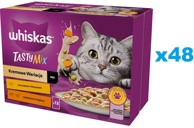 WHISKAS Adult Krémové varianty v omáčce s kuřecím masem a zeleninou jehněčím masem a krůtím masem 48 x 85 g