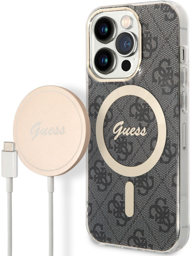 Pouzdro Guess 4G MagSafe Kompatibilní Zadní + Bezdrátová Nabíječka iPhone 14 Pro černé